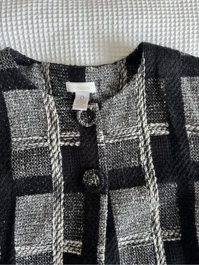 Chico's Black and White Tweed Plaid Button Jacket